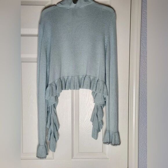 Vtg INC Intern. Concepts XL Blue Knit Crop Waterfall Ruffle Women Open Cardigan - Picture 8 of 9